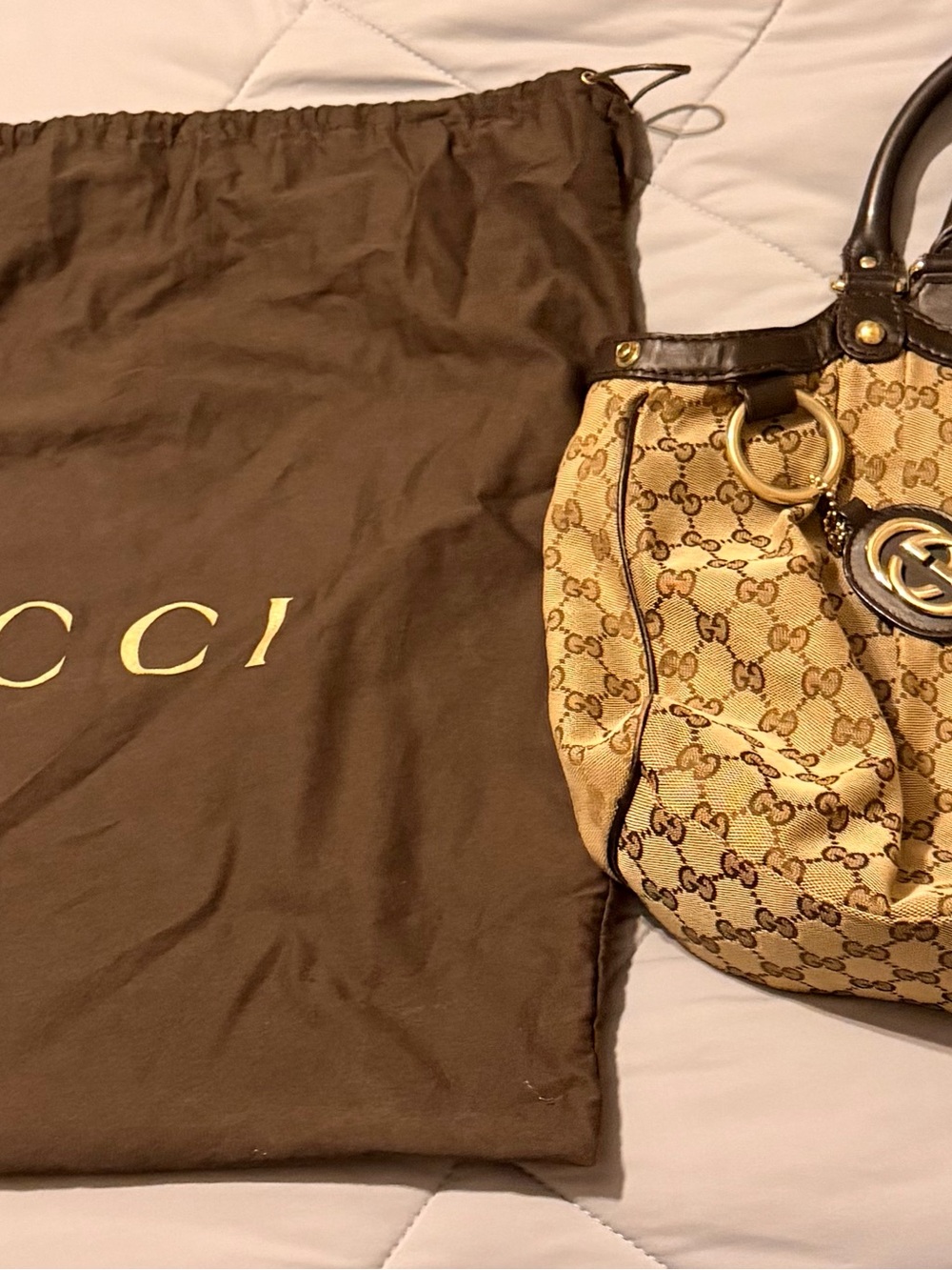 Gucci Beige Brown GG Canvas Shoulder Bag with Gold Hardware
